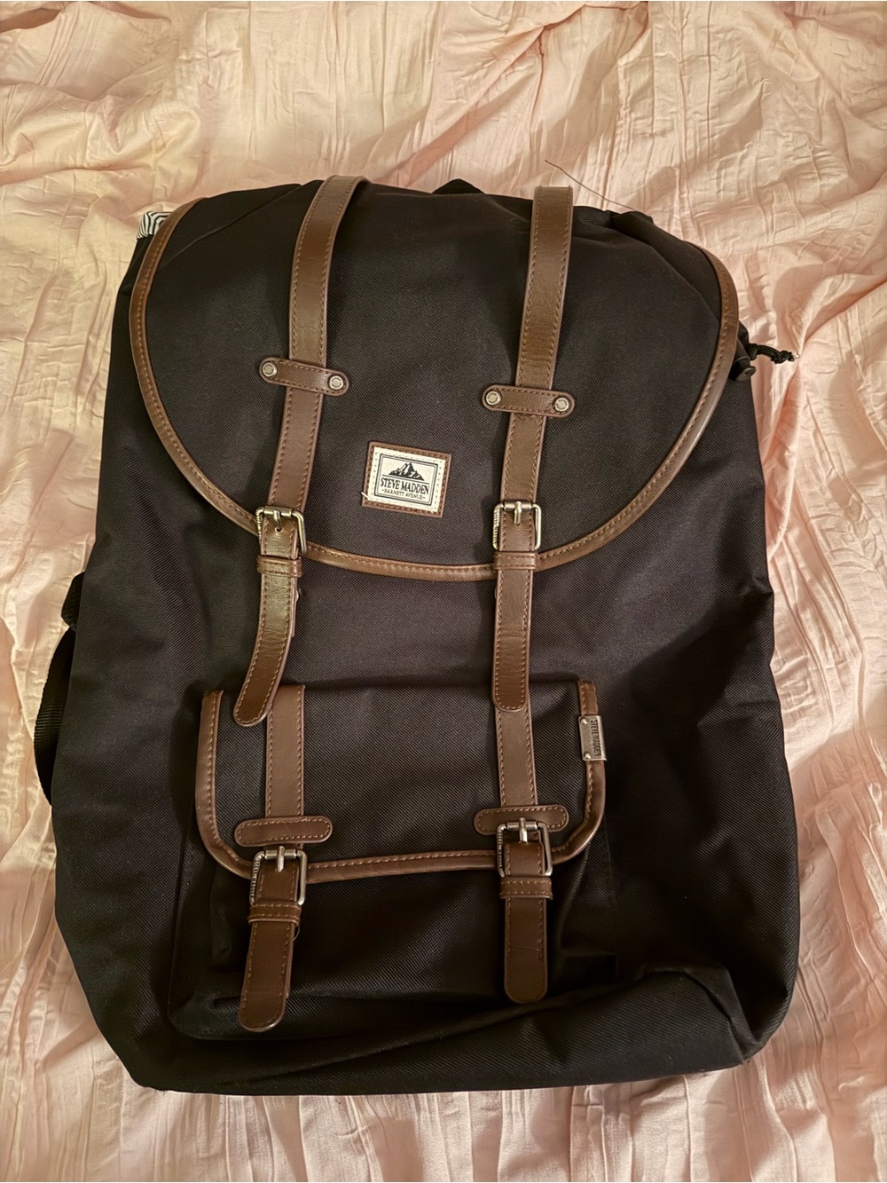 Steve Madden Black Backpack with Brown Trim and Buckles